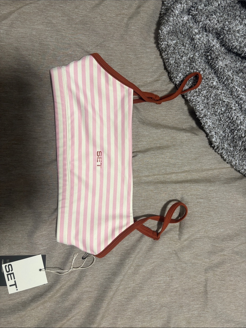 SET Active Pink and White Striped Bikini Top with Brown Trim